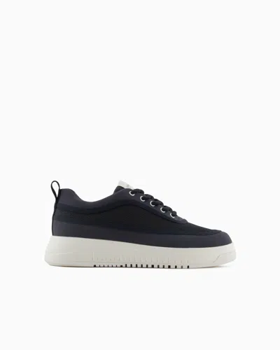 Emporio Armani Mesh And Gabardine Sneakers With A Knurled Sole In Navy Blue