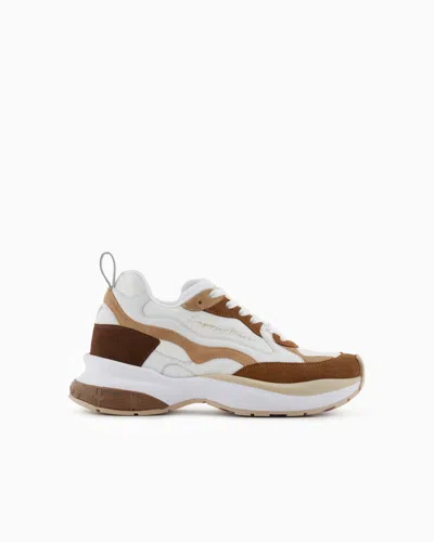 Emporio Armani Mesh Sneakers With Laminated Details And Signature Logo In Beige