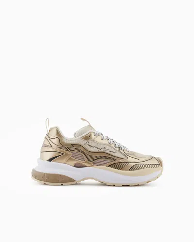 Emporio Armani Futuristic Gold And White Sneakers With Ea Logo