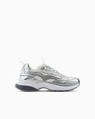 Emporio Armani Mesh Sneakers With Laminated Details And Signature Logo In Silver