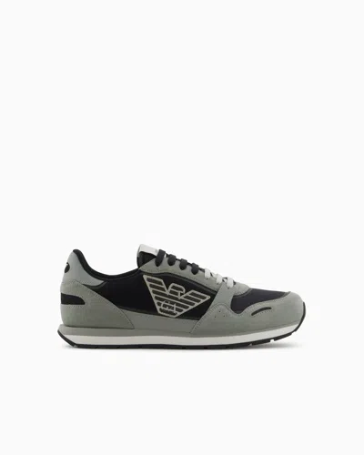Emporio Armani Mesh Sneakers With Suede Details And Eagle Patch In Grey
