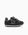 Emporio Armani Kids' Official Store Suede And Mesh Sneakers With Eagle And Velcro In Navy Blue