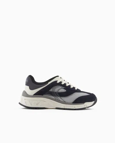 Emporio Armani Mesh Sneakers With Suede Details In Blue