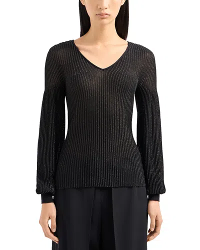 Emporio Armani Ribbed V-neck Shimmer Blouse In Solid Black