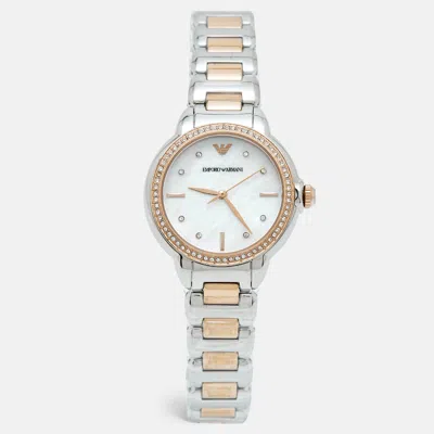 Pre-owned Emporio Armani Mia Ar11569 Mother Of Pearl Dial Crystal Embellished Two-tone Stainless Steel Women's Wristwatch 32  In Silver