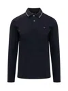 Emporio Armani Blue Long Sleeve Polo Shirt With Logo Embroidery In Stretch Cotton In Black