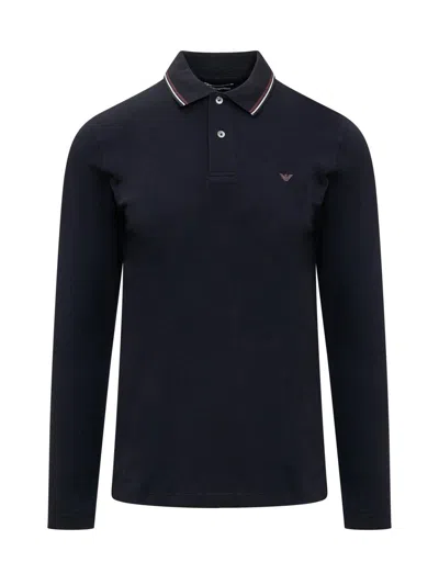 EMPORIO ARMANI MICRO EAGLE EMBROIDERED LONG-SLEEVED STRETCH PIQUE POLO SHIRT