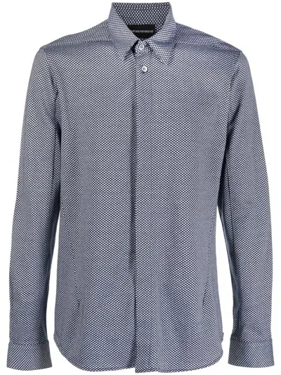 Emporio Armani Micro-pattern Long-sleeve Shirt In Blue