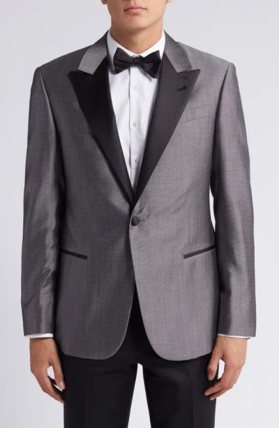 Emporio Armani Microdot Virgin Wool Blend Tuxedo Jacket In Textured Grey