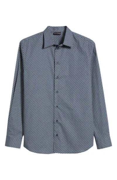 Emporio Armani Microprint Cotton Stretch Poplin Button-up Shirt In Fancy Blue