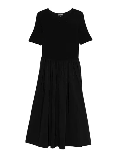 Emporio Armani Midi Dress Gathered Skirt Round Neckline In Black