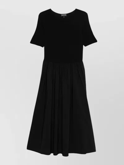 Emporio Armani Midi Dress Gathered Skirt Round Neckline In Black