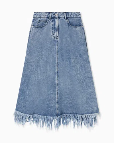 Emporio Armani Midi Skirt In Vintage-look Denim With Fringes In Blue