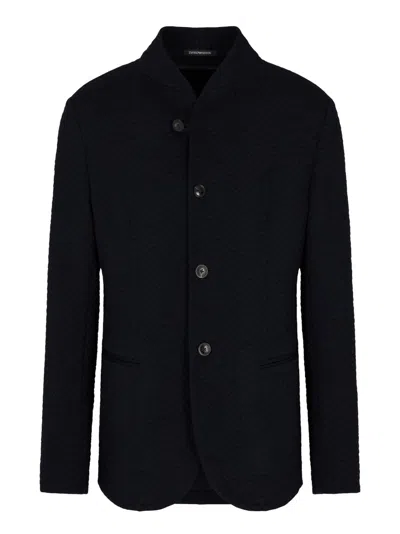 Emporio Armani Midnight Blue Virgin Wool Blazer With Unique Guru Collar