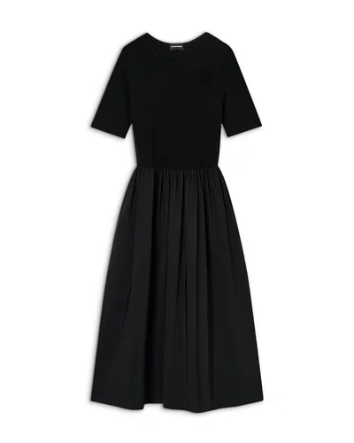 Emporio Armani Midi Dress Gathered Skirt Round Neckline In Black