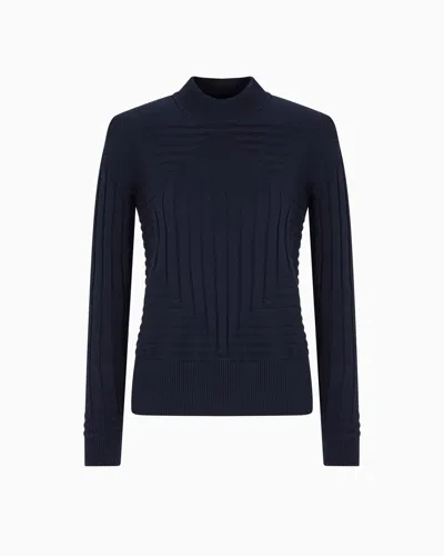 Emporio Armani Mock-neck Jumper With A Ribbed And Plain-and-purl Knit In Navy_blue