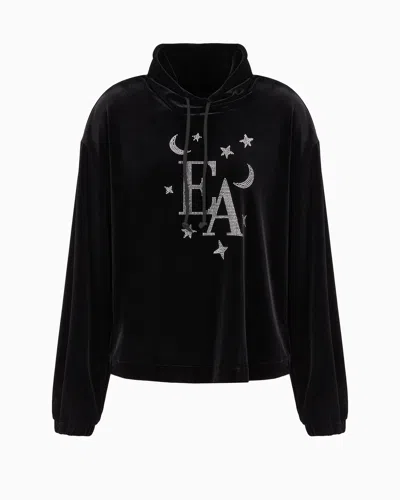 Emporio Armani Mock-neck Sweatshirt In Chenille With Moon And Stars Rhinestone Logo In Black