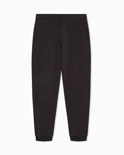 Emporio Armani Modal Fleece Jogger Trousers With Ribbed Cuffs In Black