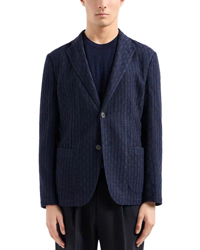 Emporio Armani Modern Fit Geometric Patterned Bonded Knit Wool Blazer In Solid Blue