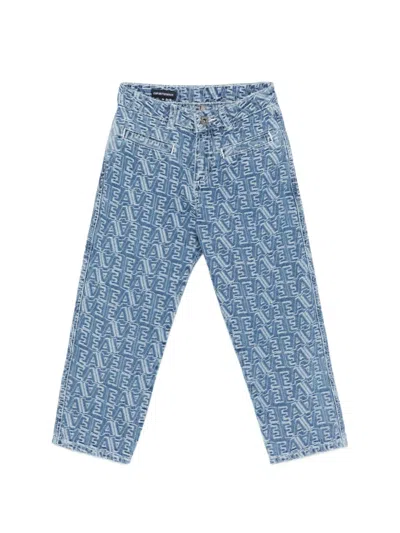 Emporio Armani Kids' Monogram-jacquard Straight Jeans In Blue