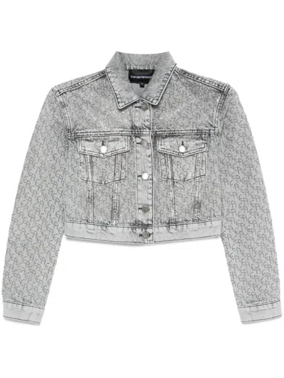 Emporio Armani Cropped Denim Jacket With Rhinestone Detail In Grey