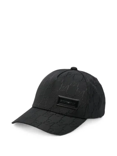 Emporio Armani Logo Baseball Cap Curved Brim Textured Fabric In Black