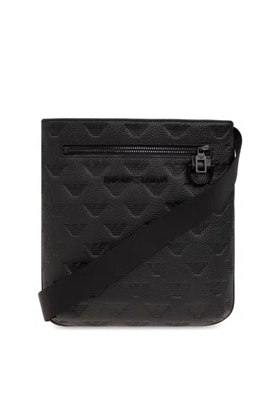 Emporio Armani Embossed-monogram Leather Shoulder Bag In Black