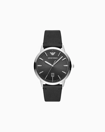 Emporio Armani Montre À Trois Aiguilles En Cuir Noir Avec Date In Black