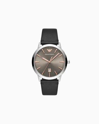 Emporio Armani Montre À Trois Aiguilles En Cuir Noir Avec Date In Black
