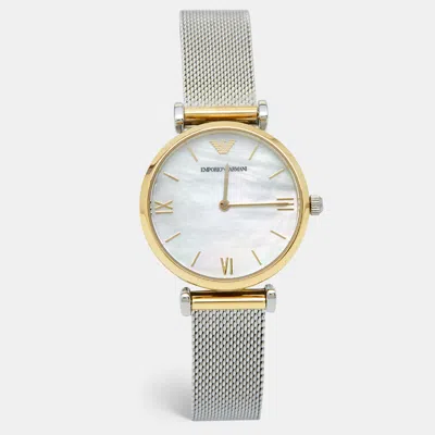 Pre-owned Emporio Armani Mother Of Pearl Two Tone Stainless Steel Ar2068 Women's Wristwatch 32 Mm In White