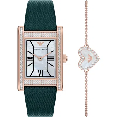 Emporio Armani Mother-of-pearl Tank Leather Strap Watch Set, 22.5mm X 32mm In Green