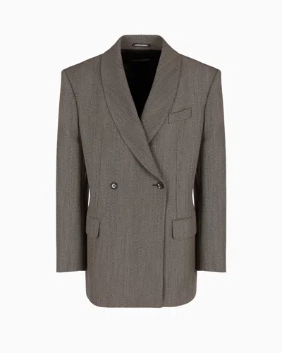 Emporio Armani Mouliné Wool-blend Chevron Motif Double-breasted Blazer With Shawl Collar In Brown