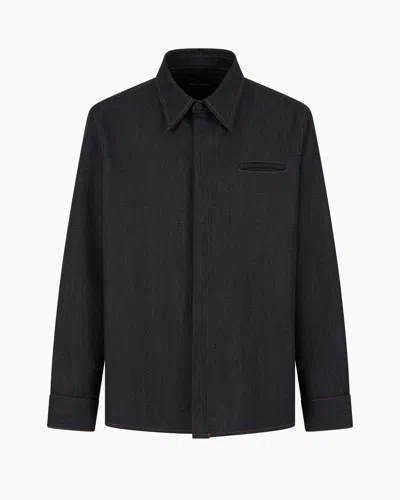 Emporio Armani Mouliné Wool-blend Shirt With Chevron Motif In Black