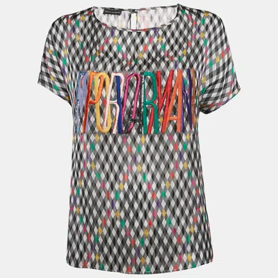 Pre-owned Emporio Armani Multicolor Checked And Logo Embroidery Silk Top S