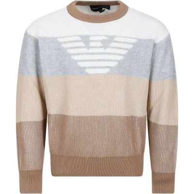 Emporio Armani Kids' Multicolor Sweater For Boy With Eaglet In Vanise Beige