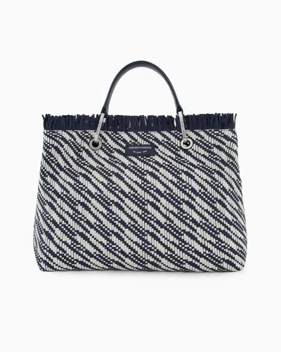 Emporio Armani Myea Medium Basketweave Shopper Bag In White