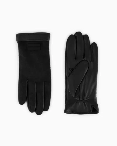 Emporio Armani Nappa Leather And Wool Cloth Gloves In Black