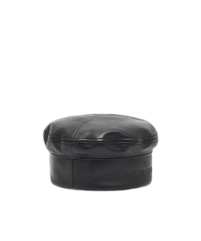 Emporio Armani Nappa Leather Beret With Logo In Black
