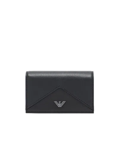 Emporio Armani Nappa Leather Card Holder With Flap With Geometric Detail In Black