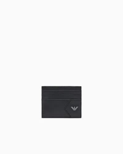 Emporio Armani Nappa Leather Card Holder With Geometric Detail In Black