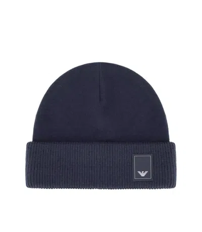 Emporio Armani Wool Beanie Hat With Logo In Black