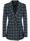 EMPORIO ARMANI NAVY BLUE STRETCH BLAZER JACKET WITH CHECK PATTERN AND NOTCHED LAPELS FOR WOMEN