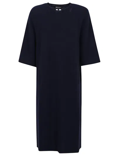 Emporio Armani Navy Blue Midi Dress With Round Neck And Short Sleeves