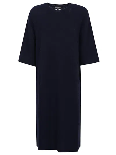 EMPORIO ARMANI NAVY BLUE MIDI DRESS WITH ROUND NECK AND SHORT SLEEVES