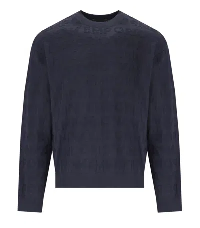 EMPORIO ARMANI NAVY BLUE MONOGRAM CREWNECK SWEATER