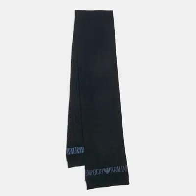 Pre-owned Emporio Armani Navy Blue Rib Knit Logo Intarsia Scarf