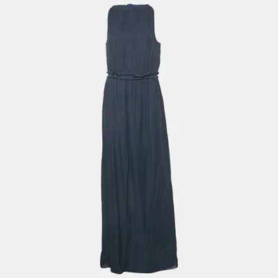 Pre-owned Emporio Armani Navy Blue Silk Waist Ruffle Trim Sleeveless Maxi Dress M