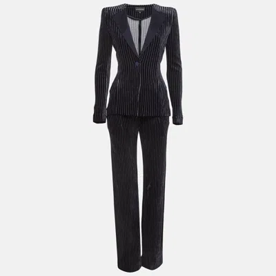 Pre-owned Emporio Armani Navy Blue Stripe Velvet Knit Blazer And Pants Suit M