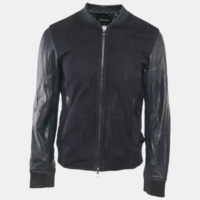 Pre-owned Emporio Armani Navy Blue Suede & Leather Zip Front Jacket L