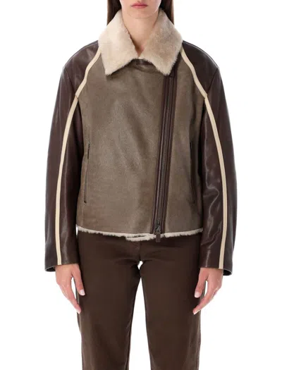Emporio Armani New York Merino Shearling Biker Jacket In Brown